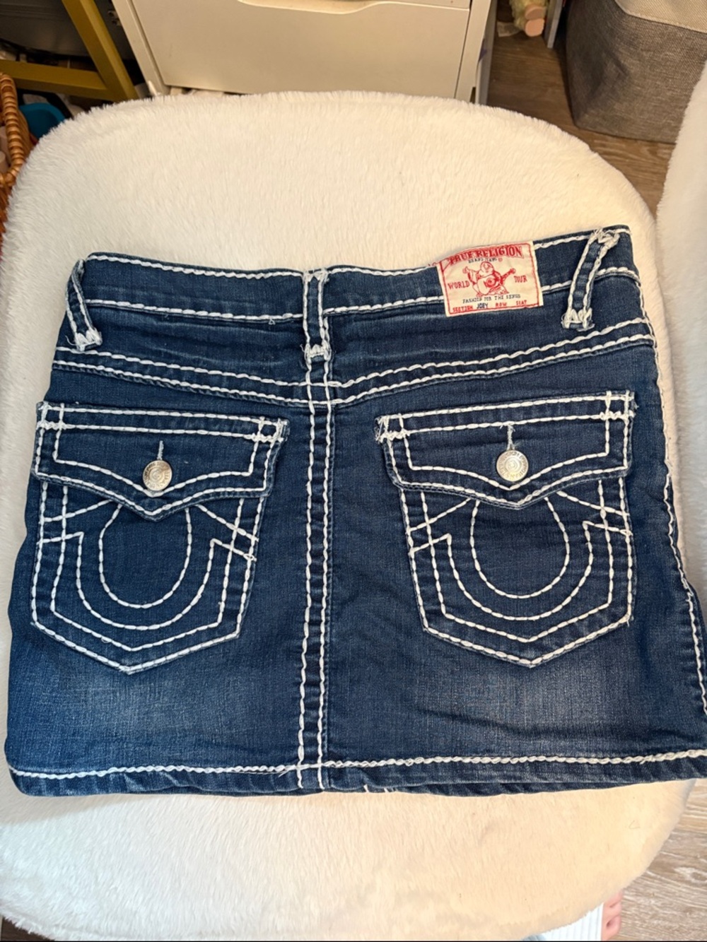 True Religion Dark Blue Denim Mini Skirt with White Contrast Stitching